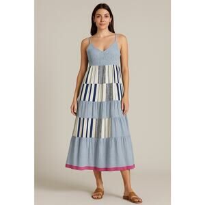THML Gabriella Dress Womens Medium Blue Striped Smocked Tiered Maxi Nautical